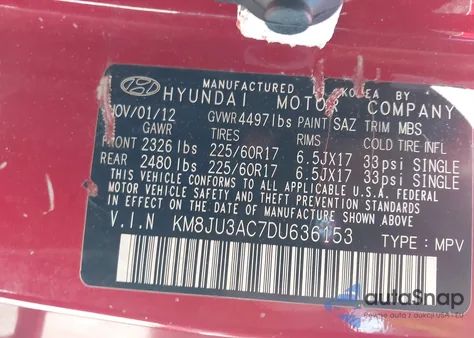 2013 Hyundai Tucson Gls z USA, uszkodzony, nr VIN KM8JU3AC7DU636153